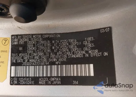 2007 Toyota Highlander from USA, damaged, VIN JTEGD21A370168744